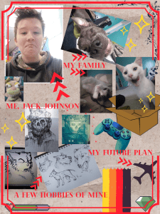An "All About Me" poster. There is an image of me, an image of my dog, two images of my cats, and various sketches that I have done as well as other items that describe me as a person.