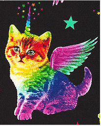 A kitten with rainbow fur, from red to purple, head to tail. It has a rainbow spiraling unicorn horn, and pink and blue wings.